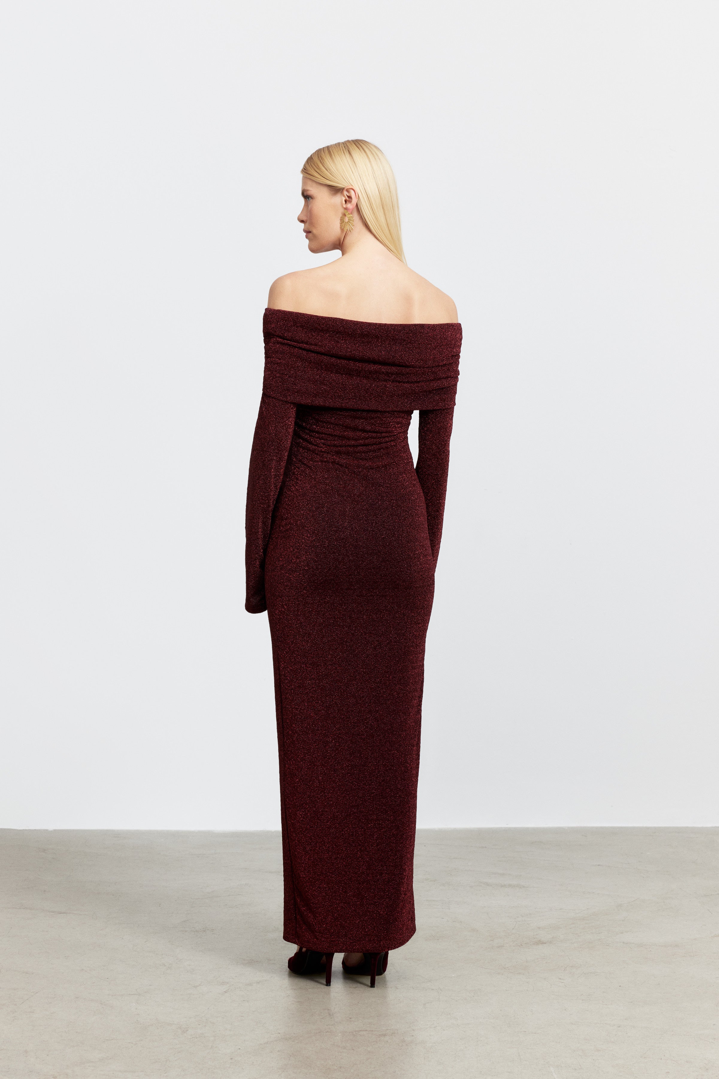 BELLA DRAPE YAKA LUREX ELBİSE | VİŞNE