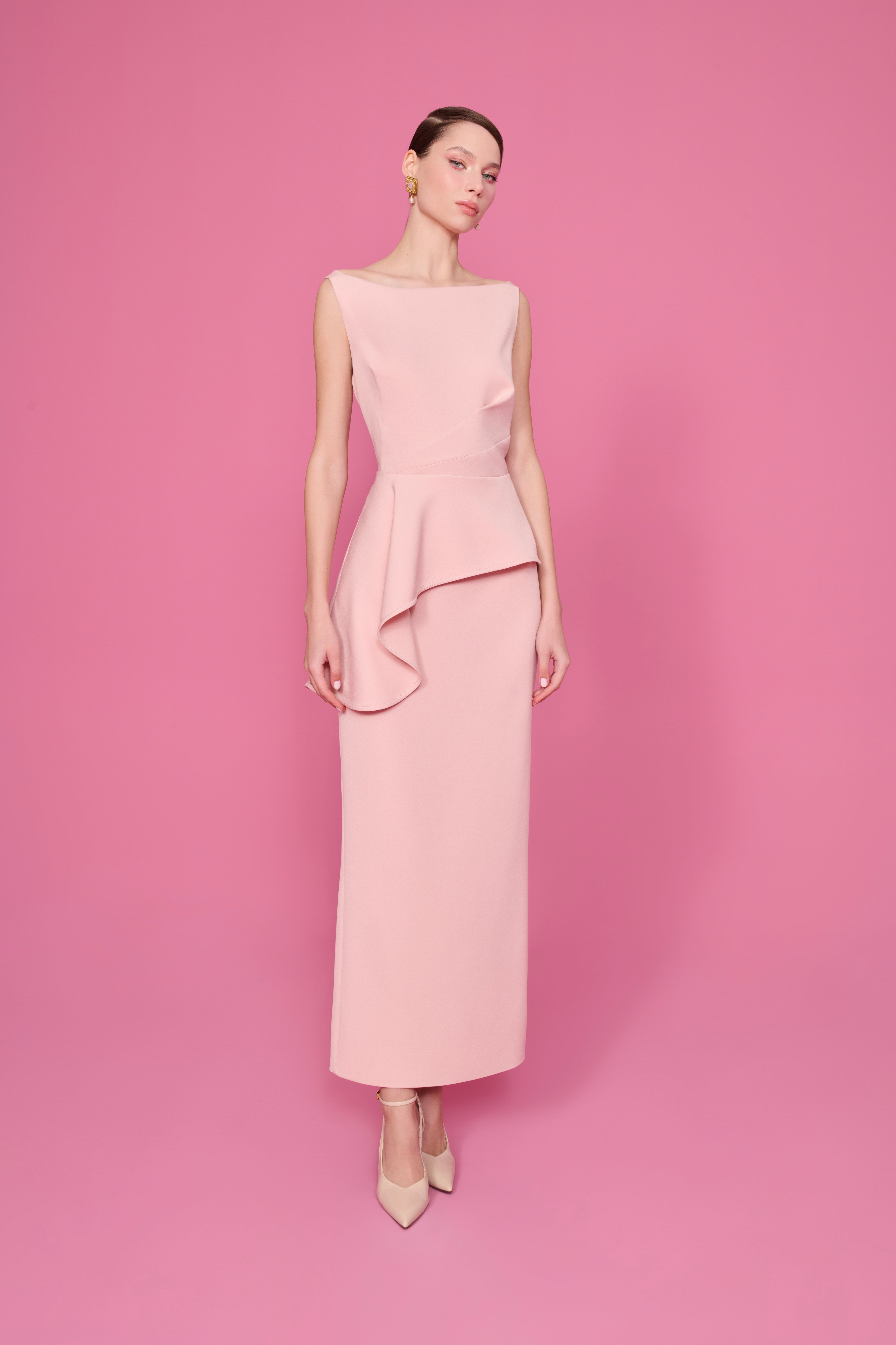 BIANCA PEPLUM DETAYLI MİDİ ELBİSE | PUDRA PEMBE