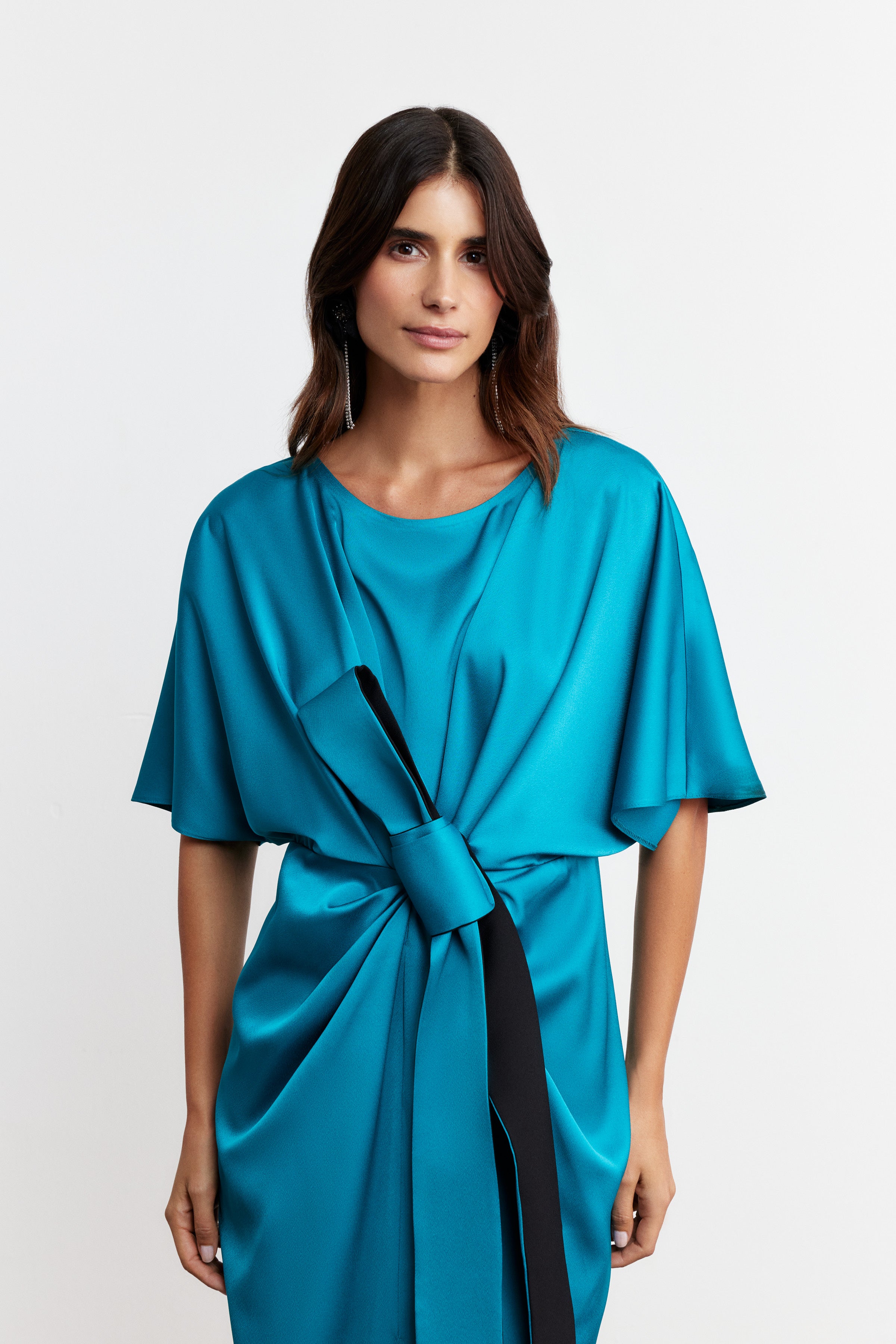 BOWIE FİYONK DETAYLI SATEN ELBİSE | PETROL MAVİ