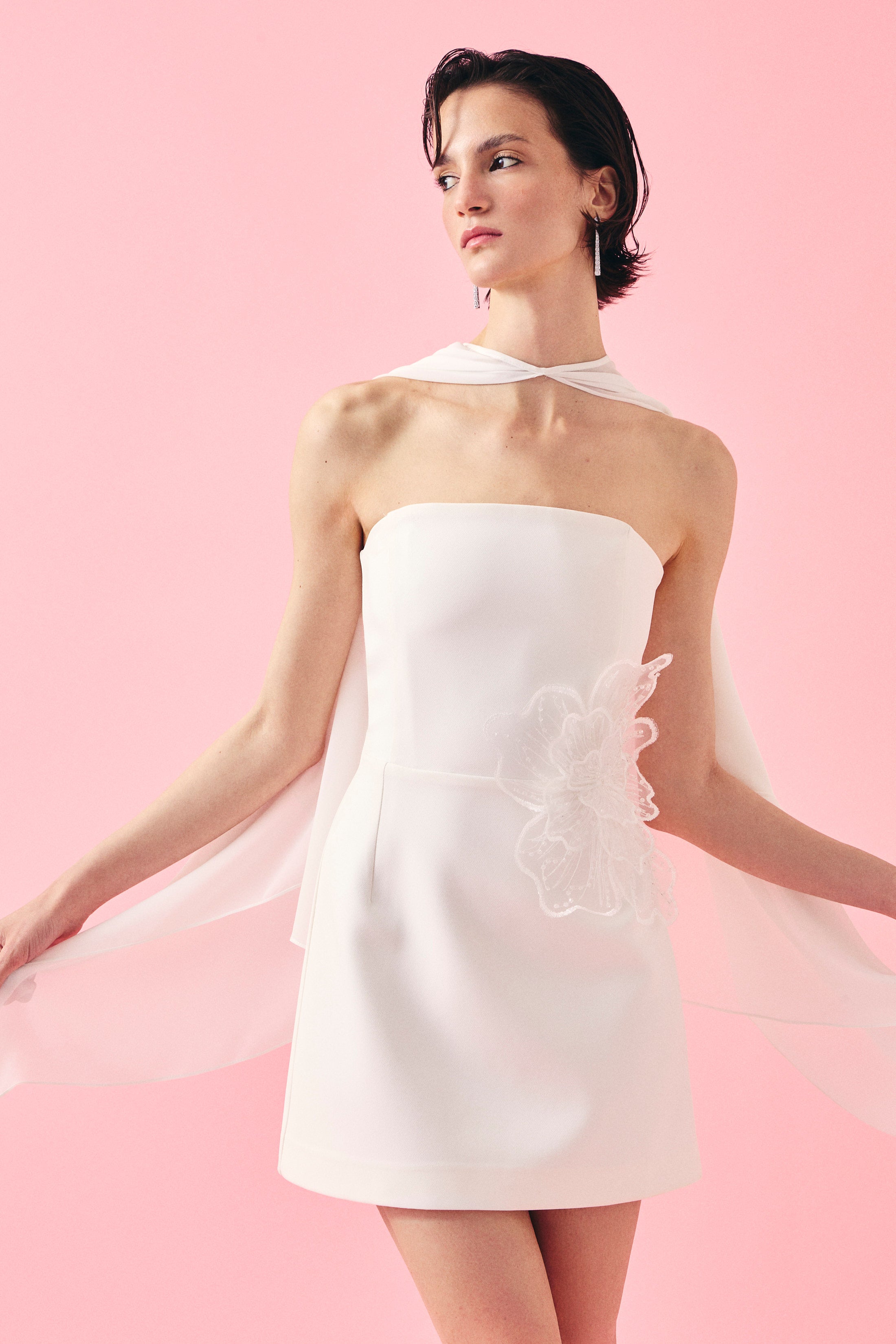 COUTURE FLOWER MİNİ ELBİSE | BEYAZ