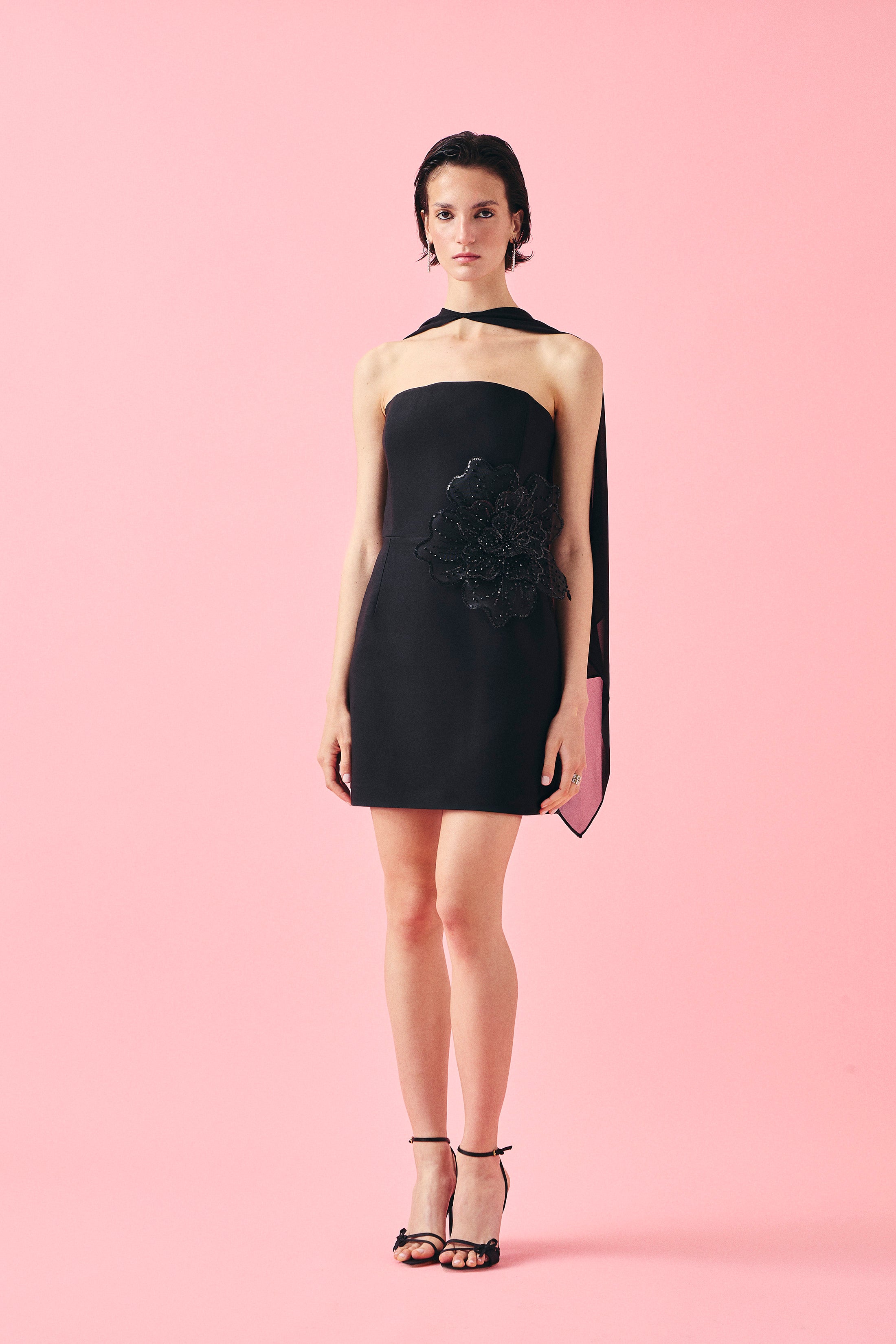 COUTURE FLOWER MİNİ ELBİSE | SİYAH