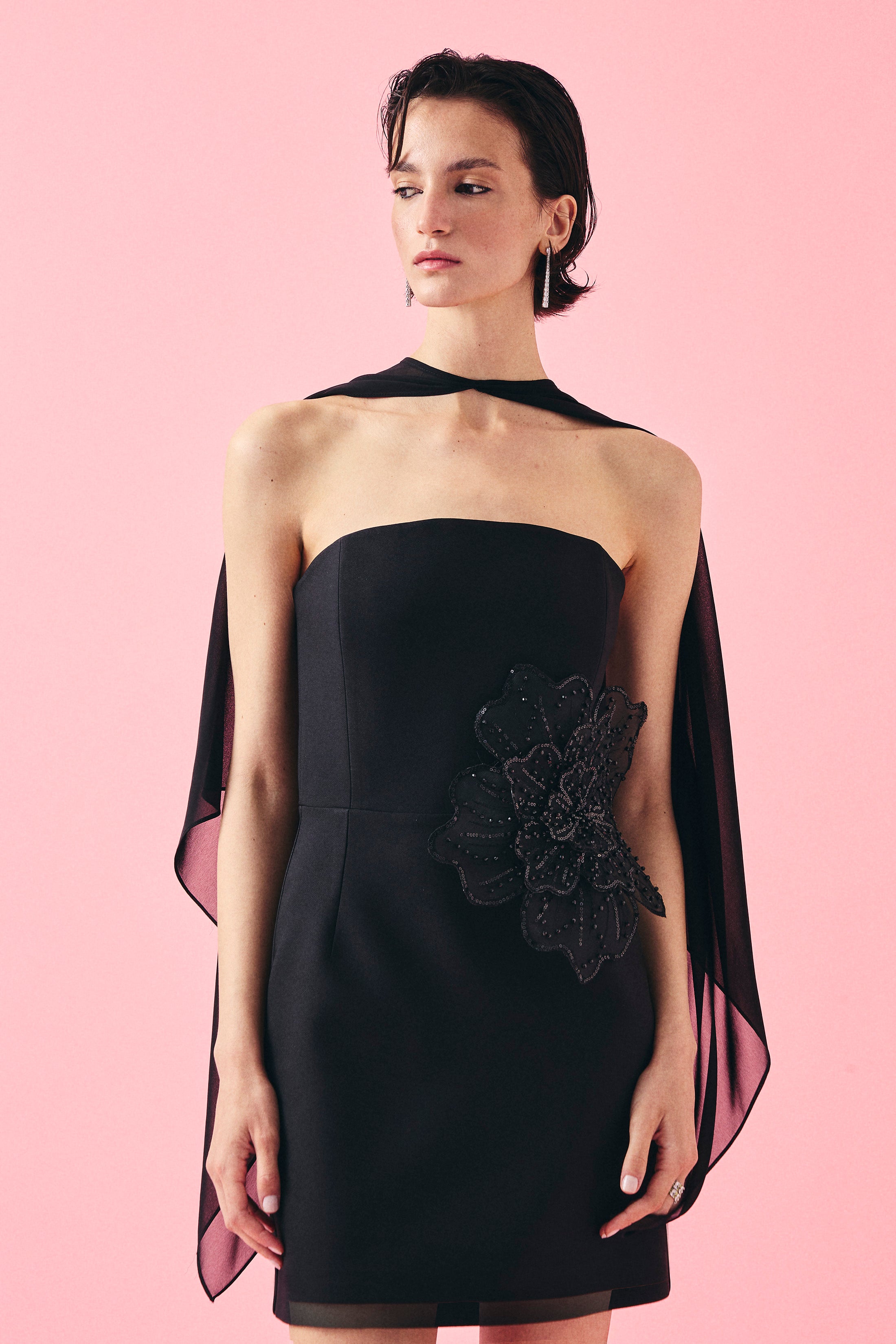 COUTURE FLOWER MİNİ ELBİSE | SİYAH