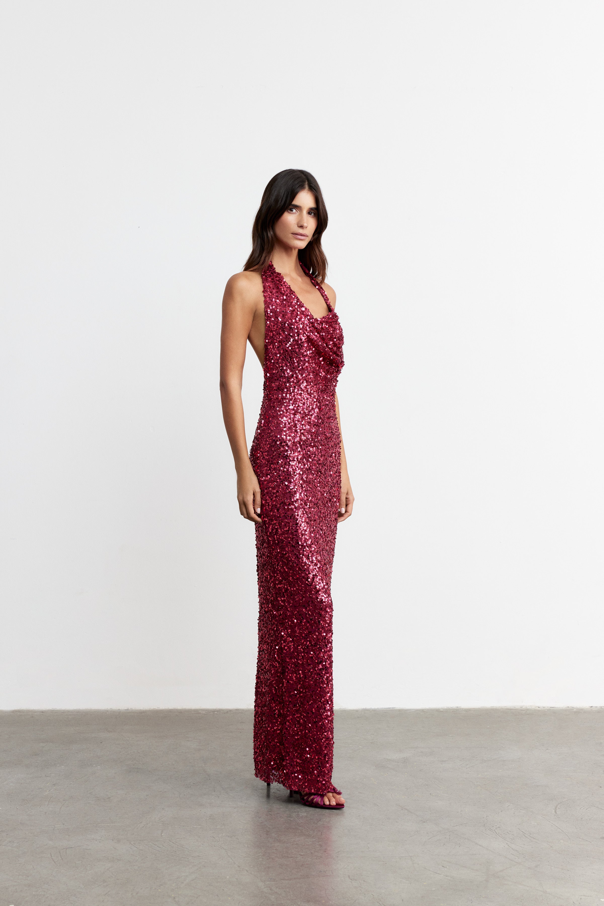 JANET ASİMETRİK ASKILI PAYET ELBİSE | KOYU PEMBE