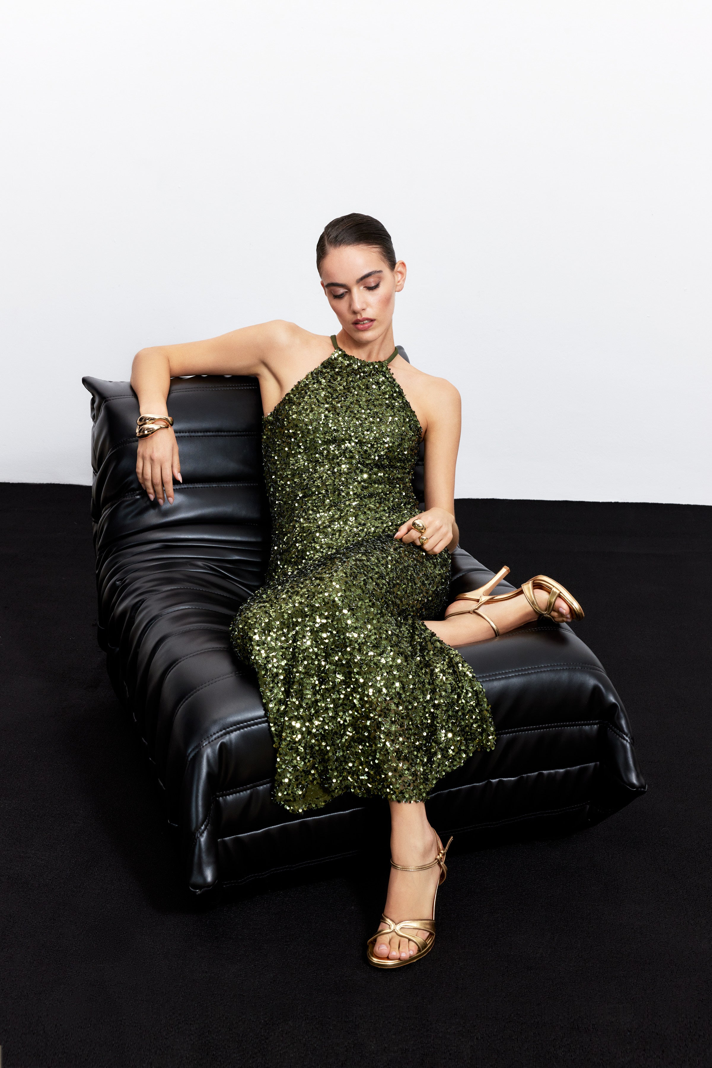 GEORGINA HALTERNECK SEQUIN DRESS | KHAKI GEORGINA HALTERNECK SEQUIN DRESS | KHAKI