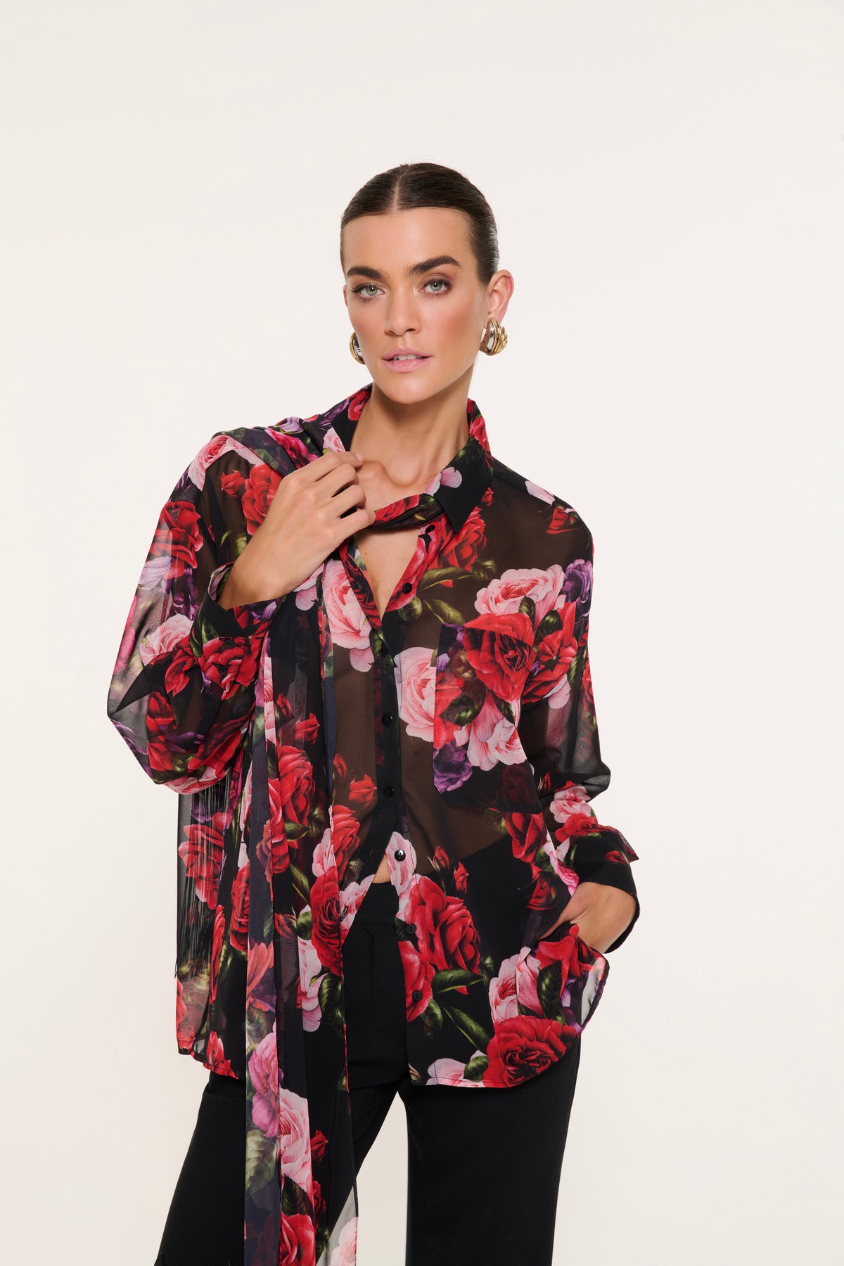 FLORAL DESENLİ İPEK ŞİFON GÖMLEK