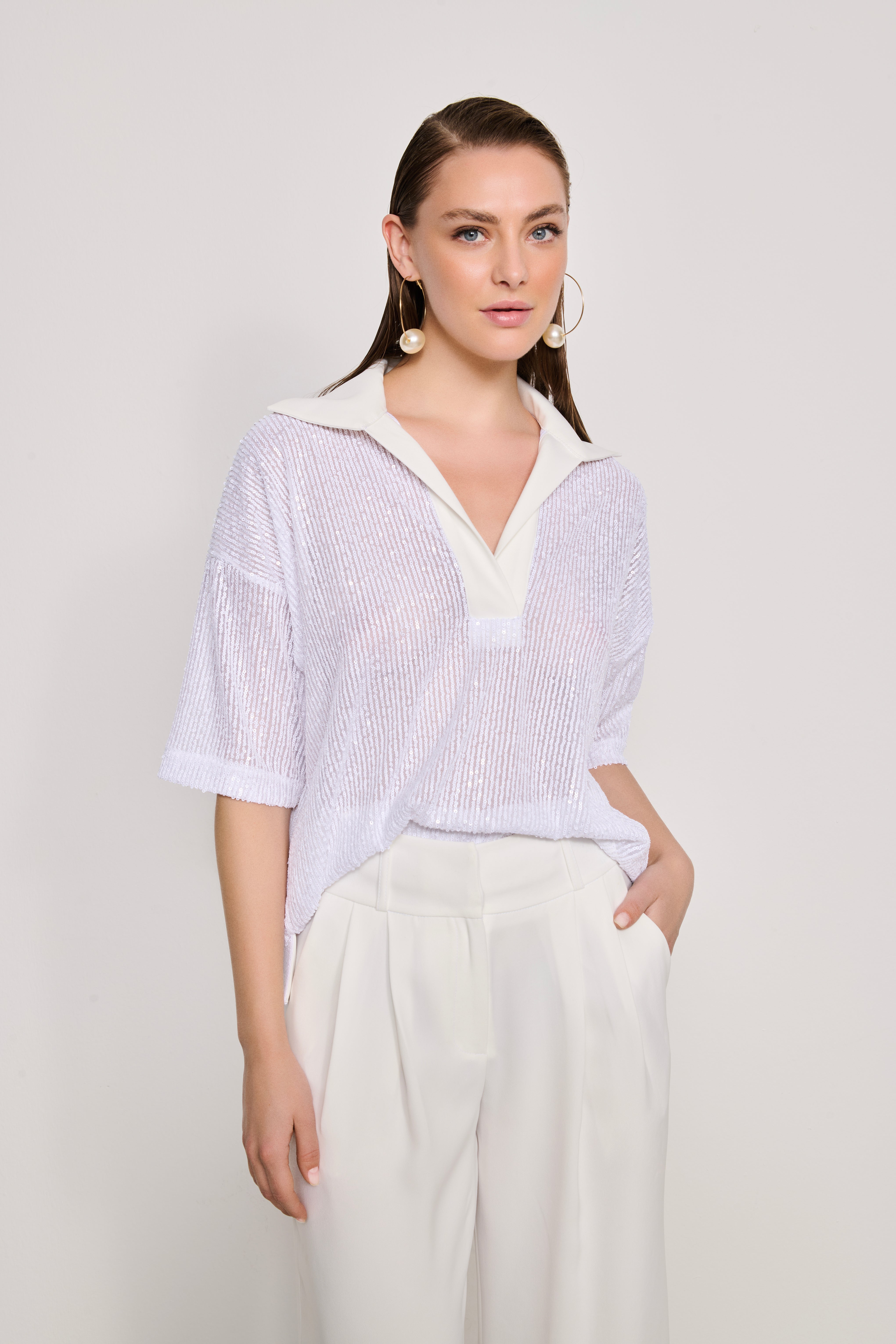 KUMAŞ GARNİLİ POLO YAKA PAYET BLUZ | BEYAZ