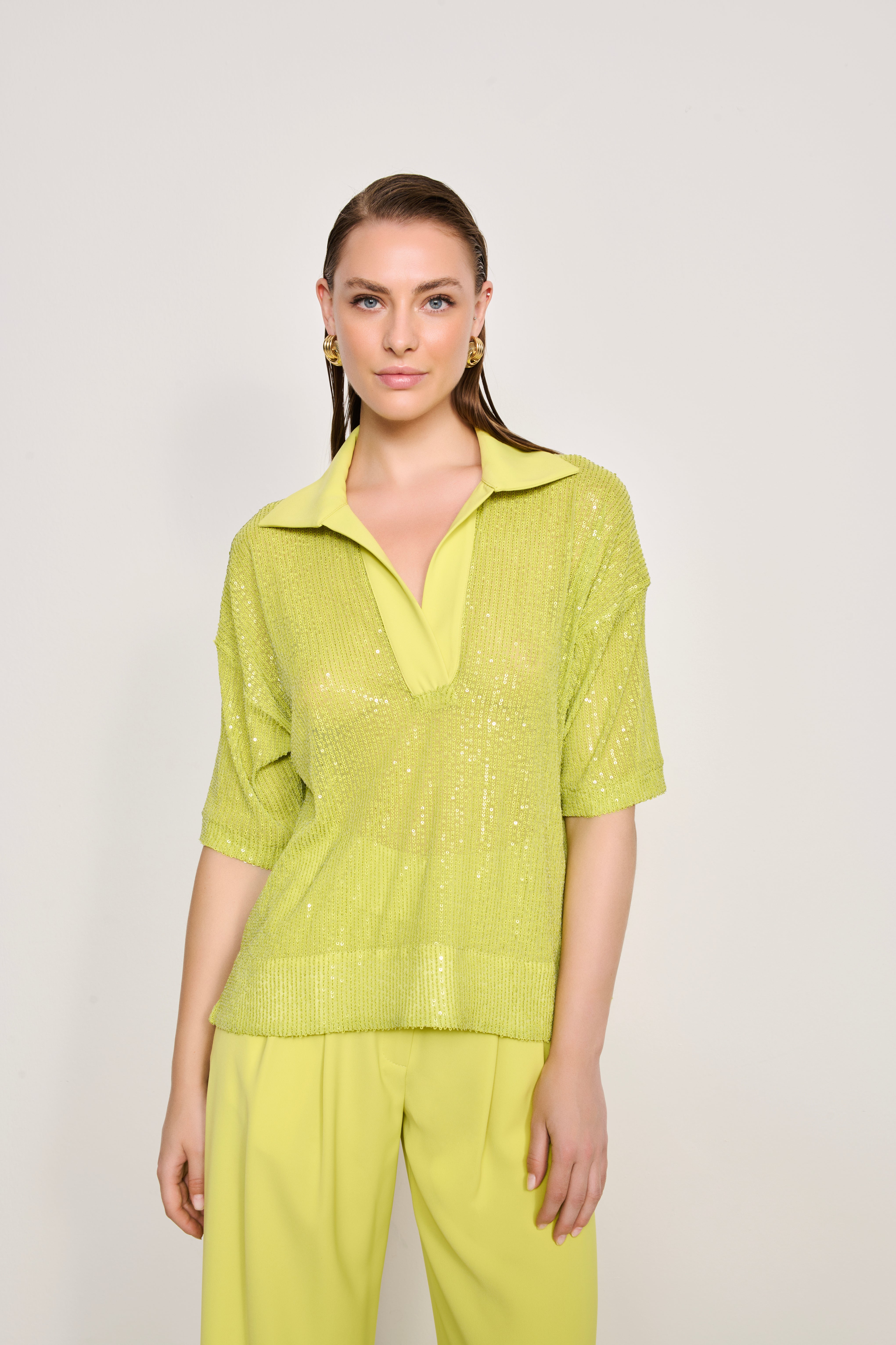 KUMAŞ GARNİLİ POLO YAKA PAYET BLUZ | YEŞİL