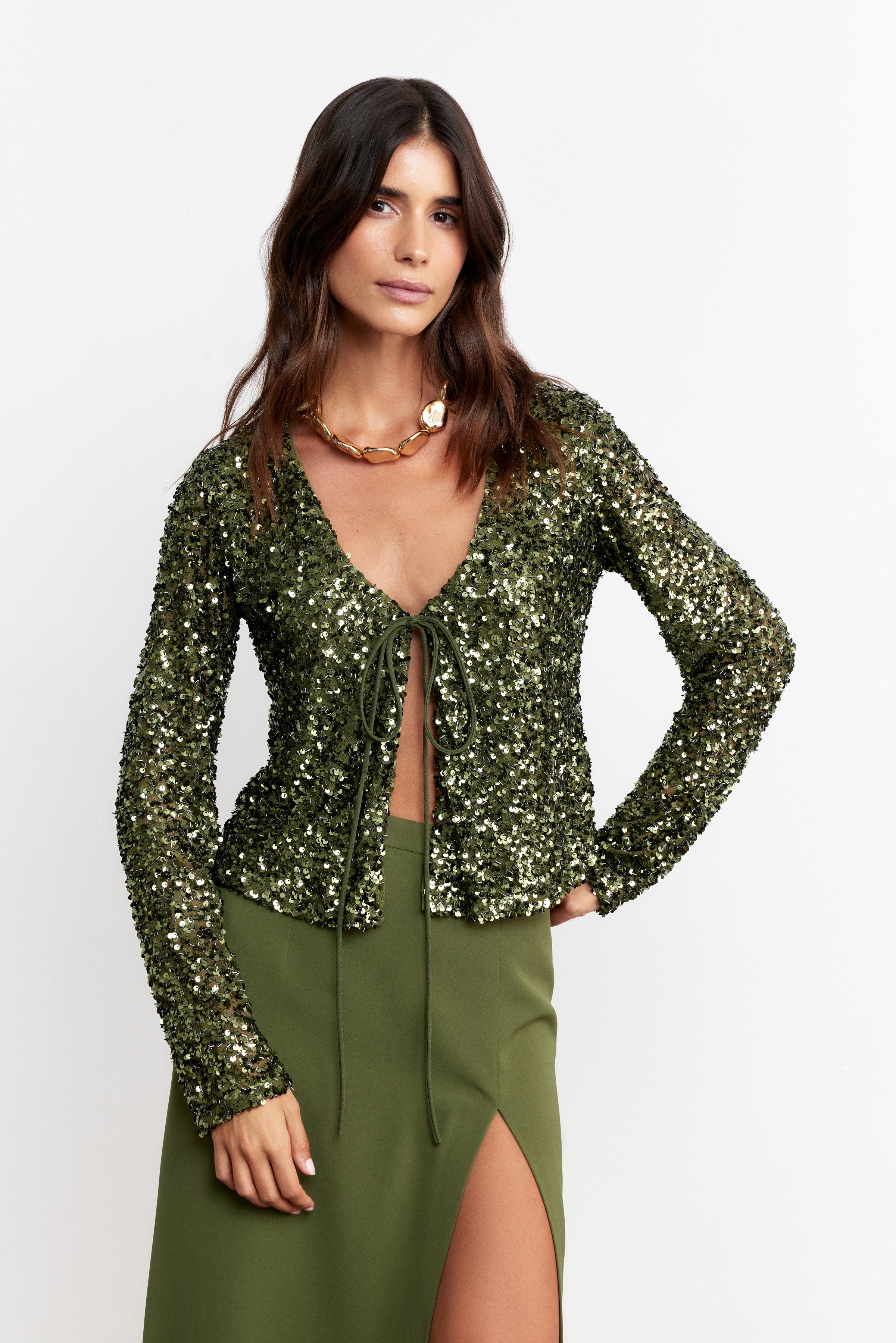 LUNA BAĞLAMALI PAYET BLUZ | HAKİ